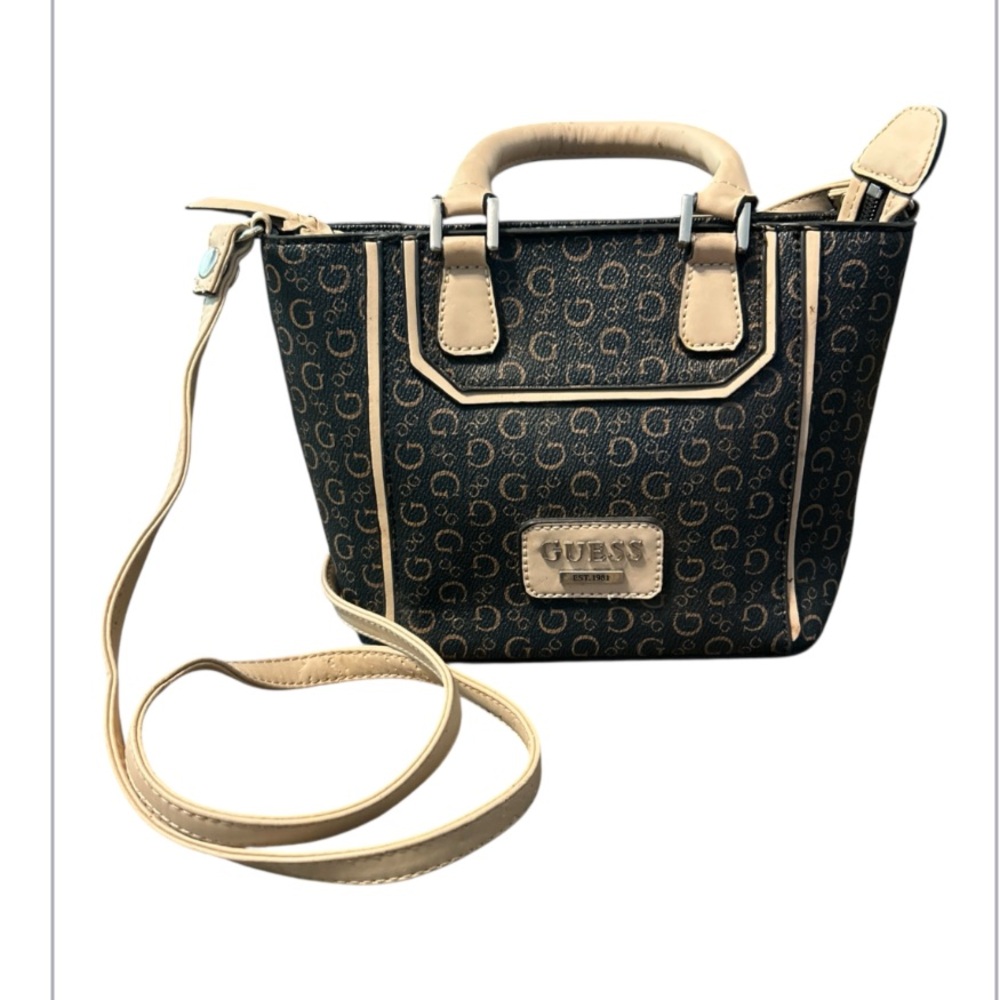 Guess Purse Black Tan SV507970 Mini— Shoulder Strap And Hand Straps EUC
